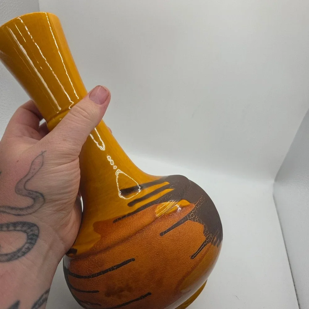 Royal Haeger Mid Century Modern Yellow Brown Drip Glaze Pottery Vase Vintage